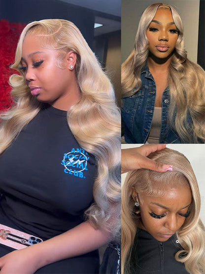 Ash Blonde Layered & Curtain Bangs 3D Body Wave 13x6 Lace Frontal Pull Go Human Hair Wigs