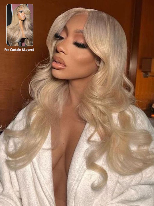 Ash Blonde Layered & Curtain Bangs 3D Body Wave 13x6 Lace Frontal Pull Go Human Hair Wigs