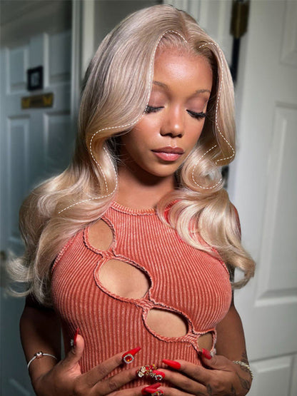 Ash Blonde Layered & Curtain Bangs 3D Body Wave 13x6 Lace Frontal Pull Go Human Hair Wigs