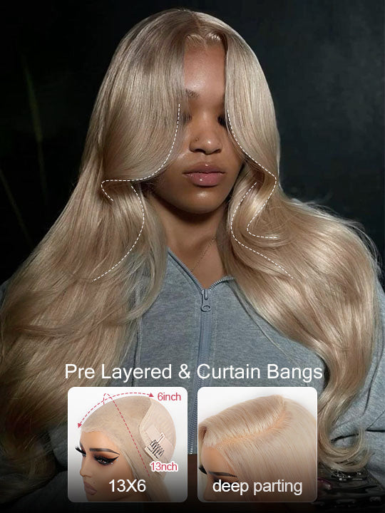 Ash Blonde Layered & Curtain Bangs 3D Body Wave 13x6 Lace Frontal Pull Go Human Hair Wigs