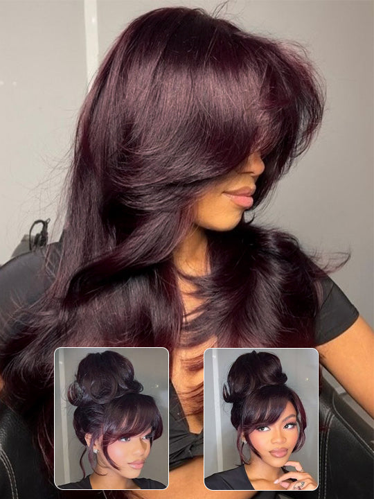 Kisslove Glueless Invisi-Drawstring 360 Lace Wig Dark Plum Color Curtain Bangs & Layered Body Wave Wig