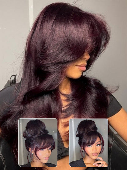 Kisslove Glueless Invisi-Drawstring 360 Lace Wig Dark Plum Color Curtain Bangs & Layered Body Wave Wig
