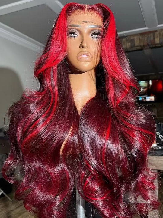 Burgundy With Red Highlights 3D Body Wave 5x5 13x4 13x6 Lace Frontal Human Hair Wigs