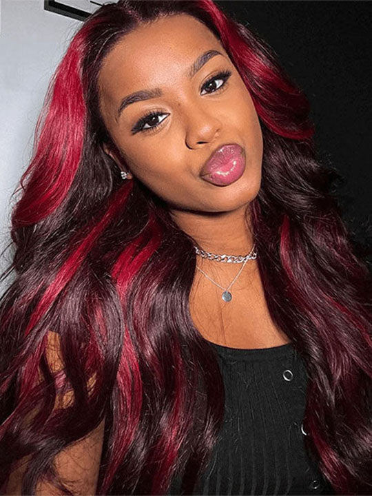 Burgundy With Red Highlights 3D Body Wave 5x5 13x4 13x6 Lace Frontal Human Hair Wigs