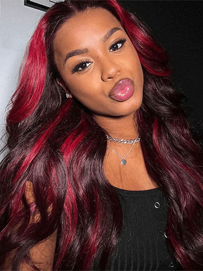 Burgundy With Red Highlights 3D Body Wave 5x5 13x4 13x6 Lace Frontal Human Hair Wigs