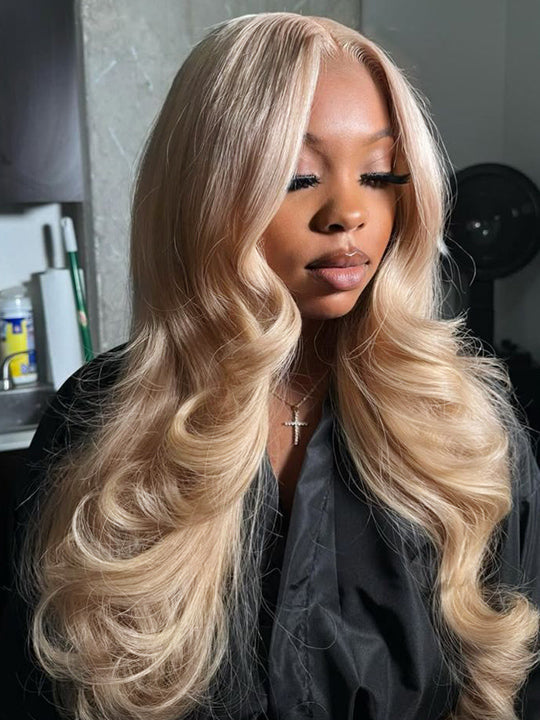 Ash Blonde Layered & Curtain Bangs 3D Body Wave 13x6 Lace Frontal Pull Go Human Hair Wigs