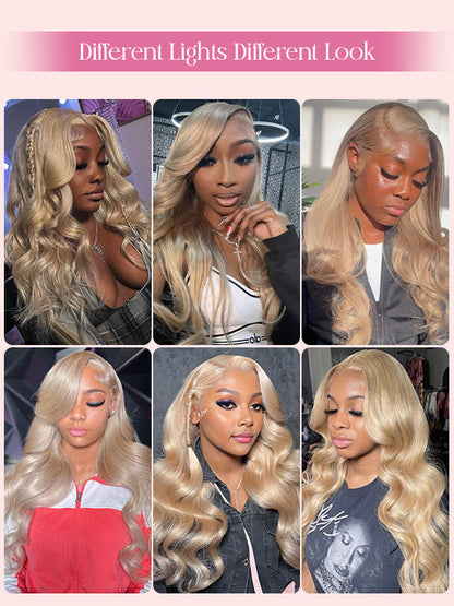 Ash Blonde Layered & Curtain Bangs 3D Body Wave 13x6 Lace Frontal Pull Go Human Hair Wigs