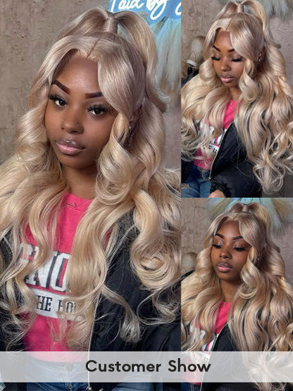 Ash Blonde Layered & Curtain Bangs 3D Body Wave 13x6 Lace Frontal Pull Go Human Hair Wigs