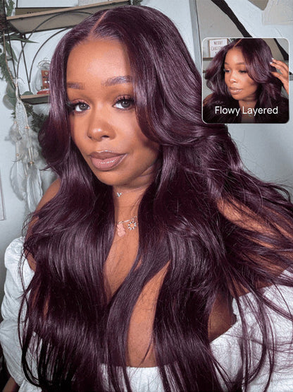 Kisslove Glueless Invisi-Drawstring 360 Lace Wig Dark Plum Color Curtain Bangs & Layered Body Wave Wig