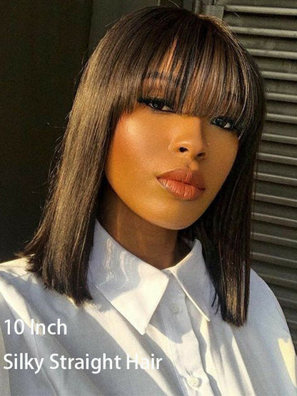 Kisslove Glueless Double Drawn 3x1 Middle Part Bob Wig Bone Straight /Yaki Straight Wig with Bangs Pull & Go Wig