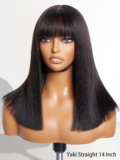 Kisslove Glueless Double Drawn 3x1 Middle Part Bob Wig Bone Straight /Yaki Straight Wig with Bangs Pull & Go Wig