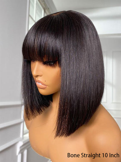 Kisslove Glueless Double Drawn 3x1 Middle Part Bob Wig Bone Straight /Yaki Straight Wig with Bangs Pull & Go Wig