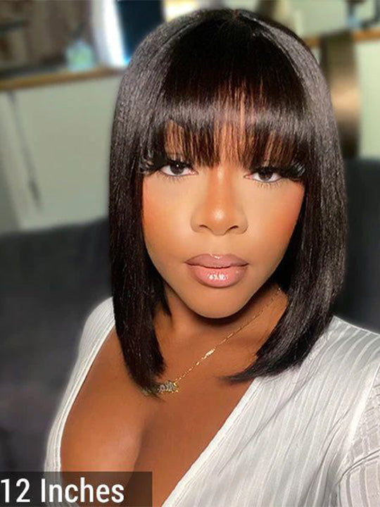 Kisslove Glueless Double Drawn 3x1 Middle Part Bob Wig Bone Straight /Yaki Straight Wig with Bangs Pull & Go Wig