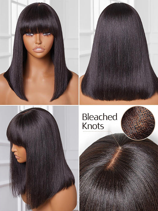 Kisslove Glueless Double Drawn 3x1 Middle Part Bob Wig Bone Straight /Yaki Straight Wig with Bangs Pull & Go Wig