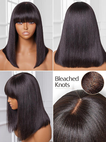 Kisslove Glueless Double Drawn 3x1 Middle Part Bob Wig Bone Straight /Yaki Straight Wig with Bangs Pull & Go Wig