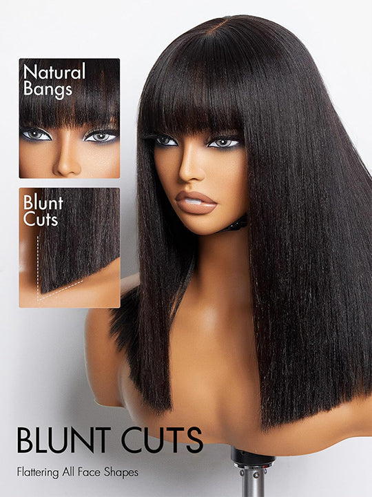 Kisslove Glueless Double Drawn 3x1 Middle Part Bob Wig Bone Straight /Yaki Straight Wig with Bangs Pull & Go Wig