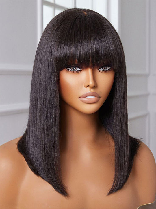 Kisslove Glueless Double Drawn 3x1 Middle Part Bob Wig Bone Straight /Yaki Straight Wig with Bangs Pull & Go Wig