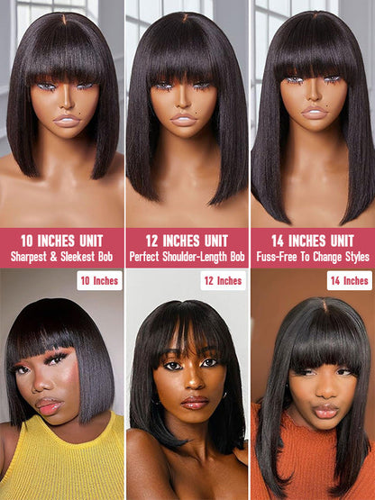 Kisslove Glueless Double Drawn 3x1 Middle Part Bob Wig Bone Straight /Yaki Straight Wig with Bangs Pull & Go Wig