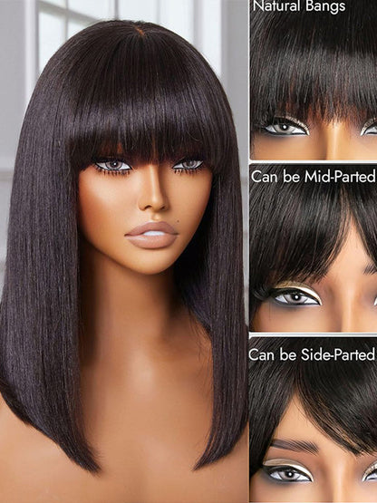 Kisslove Glueless Double Drawn 3x1 Middle Part Bob Wig Bone Straight /Yaki Straight Wig with Bangs Pull & Go Wig