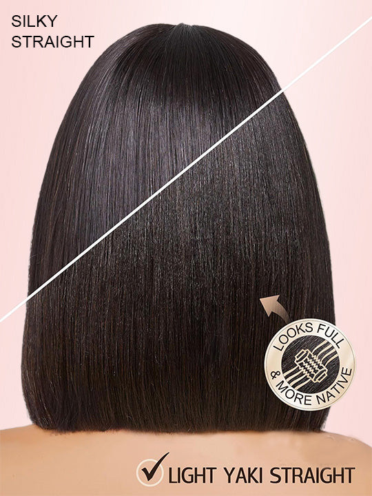 Kisslove Glueless Double Drawn 3x1 Middle Part Bob Wig Bone Straight /Yaki Straight Wig with Bangs Pull & Go Wig