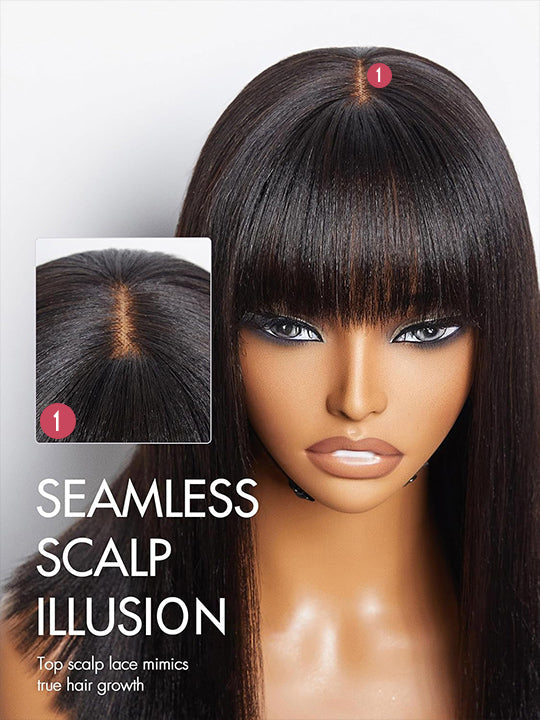 Kisslove Glueless Double Drawn 3x1 Middle Part Bob Wig Bone Straight /Yaki Straight Wig with Bangs Pull & Go Wig