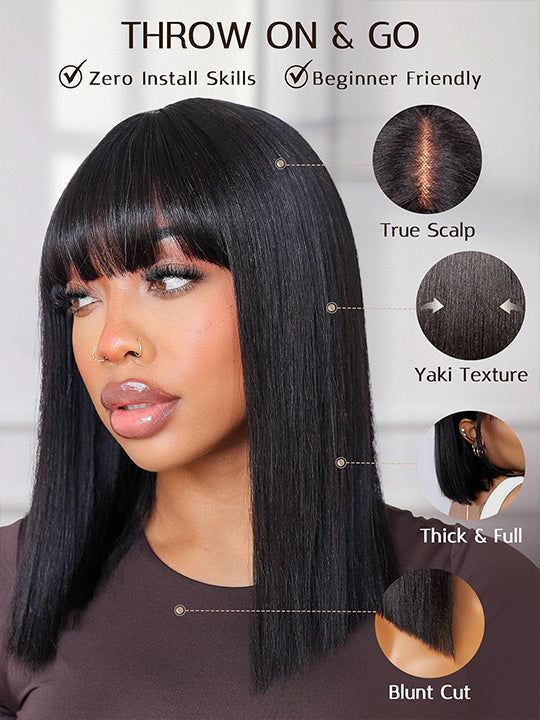 Kisslove Glueless Double Drawn 3x1 Middle Part Bob Wig Bone Straight /Yaki Straight Wig with Bangs Pull & Go Wig