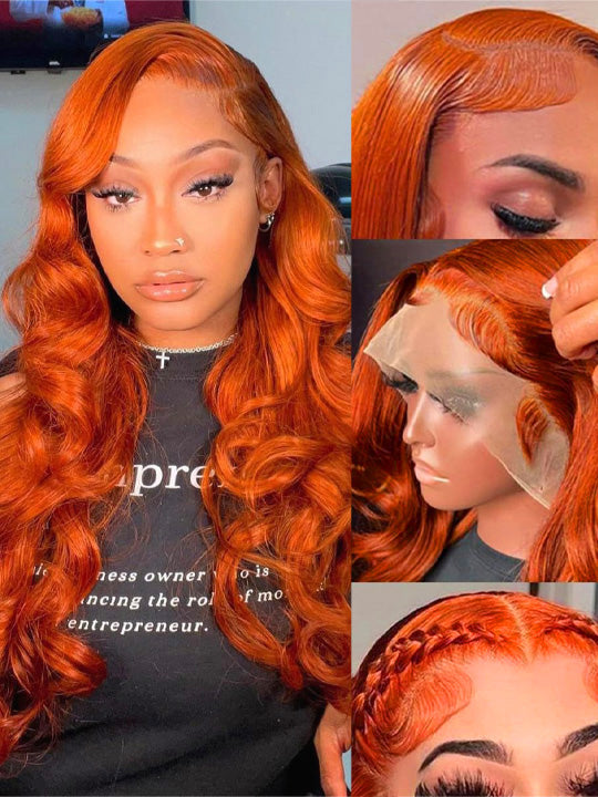 13x6 HD Full Lace Frontal Wig Ginger Color 3D Body Wave Brazilian Human Hair Lace Wigs