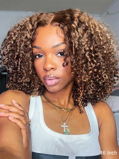 Honey Blonde Highlights Kinky Curly Short Bob Wig Glueless Lace Closure Bob Wigs