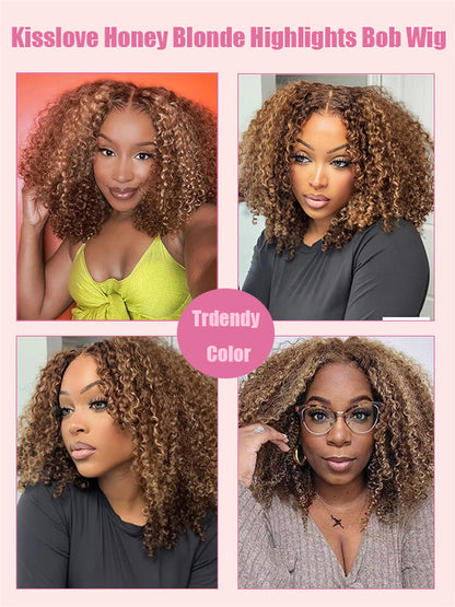 Honey Blonde Highlights Kinky Curly Short Bob Wig Glueless Lace Closure Bob Wigs