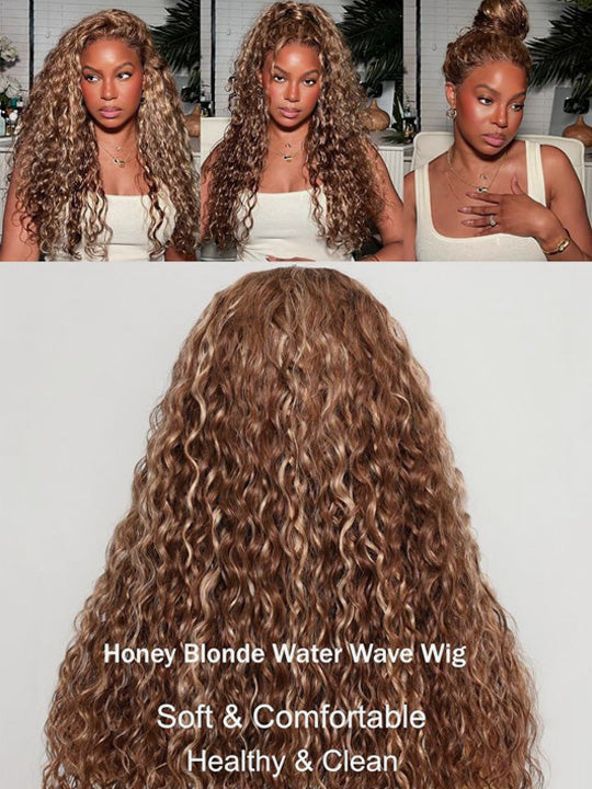 Kisslove Pre-bleached Knots Water Wave Highlight 360 Lace Wig With Invisi-Drawstring Cap