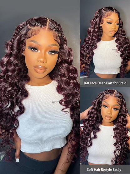 Kisslove Glueless Invisi-Drawstring 360 Lace Wig Dark Plum Color Curtain Bangs & Layered Body Wave Wig