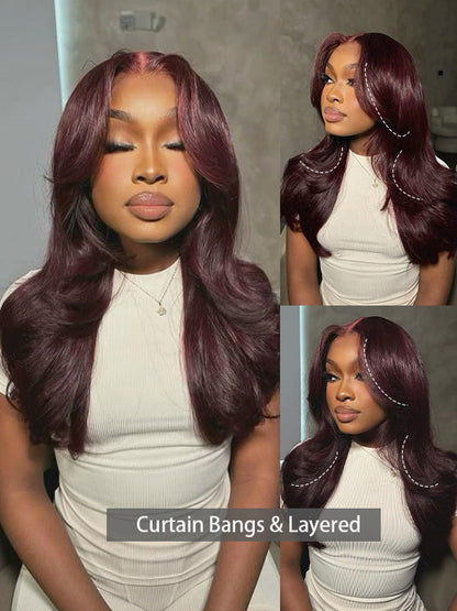 Kisslove Glueless Invisi-Drawstring 360 Lace Wig Dark Plum Color Curtain Bangs & Layered Body Wave Wig