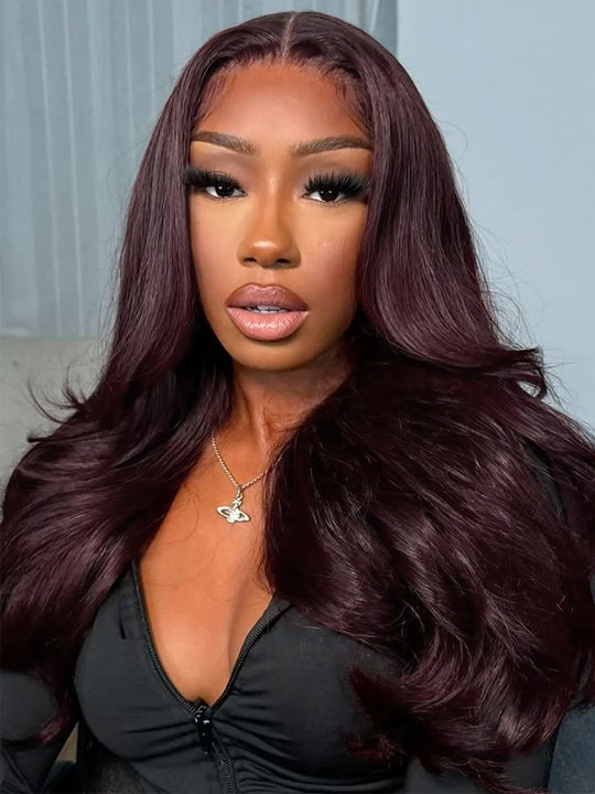 Kisslove Glueless Invisi-Drawstring 360 Lace Wig Dark Plum Color Curtain Bangs & Layered Body Wave Wig
