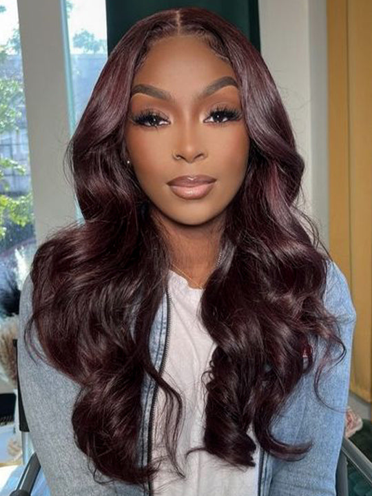 Kisslove Glueless Invisi-Drawstring 360 Lace Wig Dark Plum Color Curtain Bangs & Layered Body Wave Wig