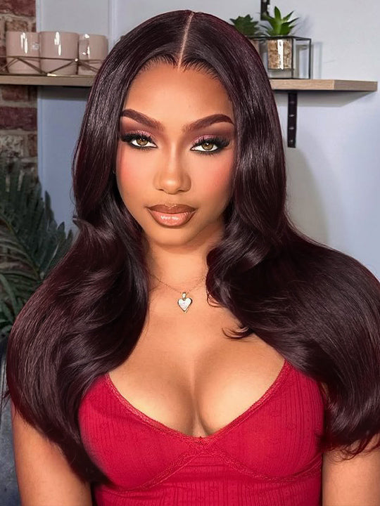 Kisslove Glueless Invisi-Drawstring 360 Lace Wig Dark Plum Color Curtain Bangs & Layered Body Wave Wig