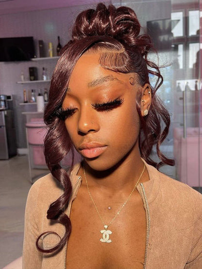 Kisslove Glueless Invisi-Drawstring 360 Lace Wig Dark Plum Color Curtain Bangs & Layered Body Wave Wig