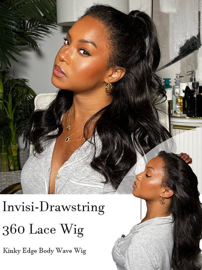 KissLove Glueless Invisi-Drawstring 360 Lace Wig Body Wave Pre Everything Kinky Edge Lace Frontal Wigs