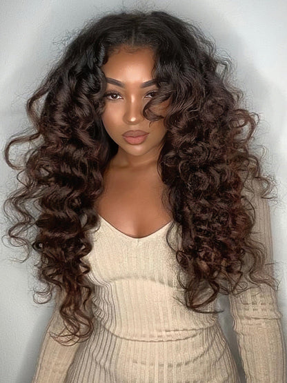 Kisslove Invisi-Drawstring 360 Lace Wig Ombre Brown Hair Yaki Body Wave Wigs with Newborn Hairline