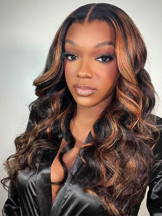 Kisslove Invisi-Drawstring Snug Fit 360 Lace Wig Glueless Black Hair With Brown Highlights