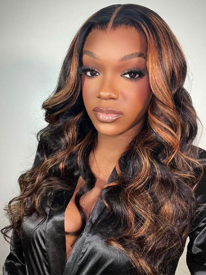 Kisslove Invisi-Drawstring Snug Fit 360 Lace Wig Glueless Black Hair With Brown Highlights