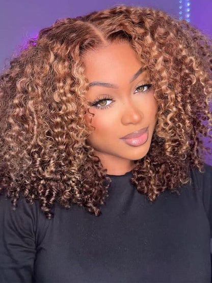 Honey Blonde Highlights Kinky Curly Short Bob Wig Glueless Lace Closure Bob Wigs