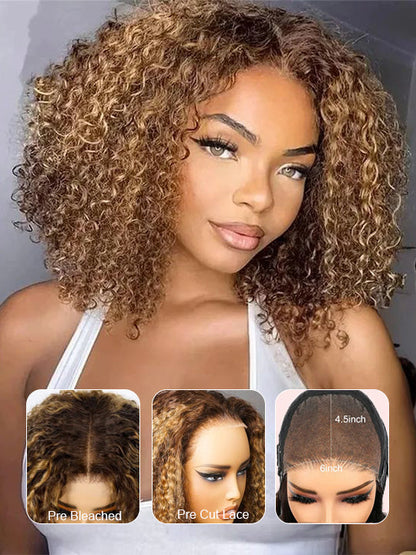 Honey Blonde Highlights Kinky Curly Short Bob Wig Glueless Lace Closure Bob Wigs